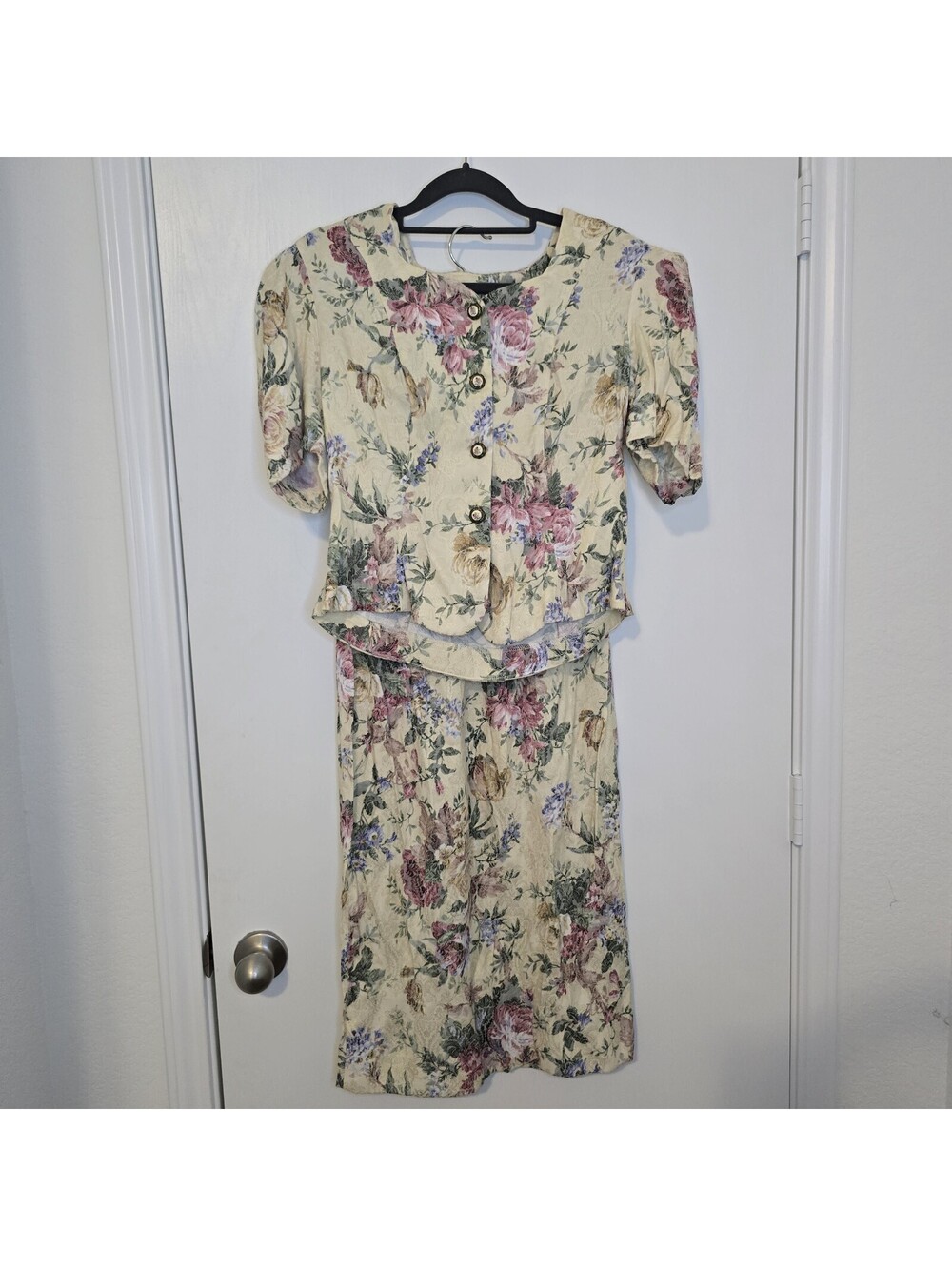 VTG 80s Leslie Fay Floral Rose Top Skirt Set Structured Peplum Sz 12 USA